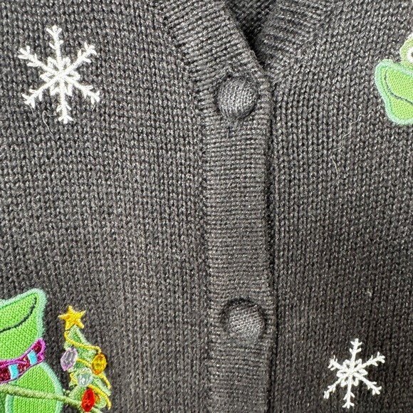 Christmas Sweater Cardigan Vest Black Green‎ Frog Novelty Snowflakes Women's 1X - Picture 8 of 15